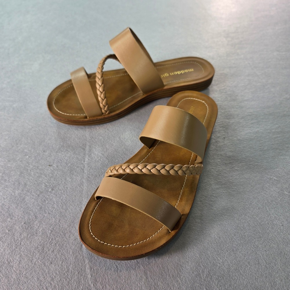 Madden Girl Plum Tan Braided Triple Strap Slide Sandals Size 8.5M Boho Chic